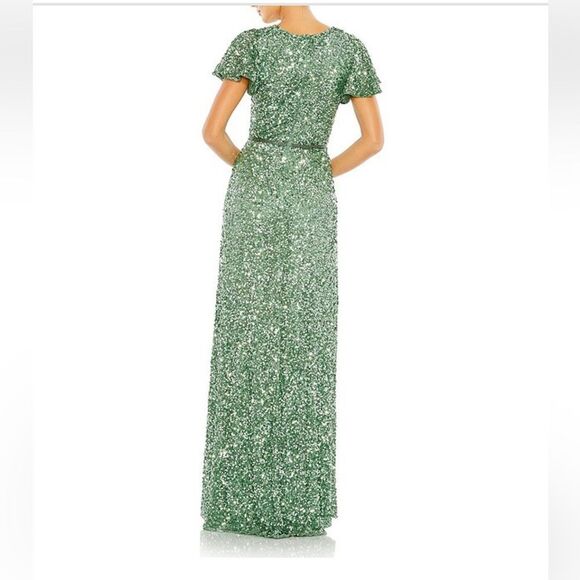 Mac Duggal Green Sequin Wrap Over Butterfly Sleeve Gown | 8 - Picture 2 of 11